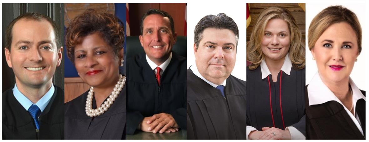 In order from left to right: Administrative/Presiding Judge Jon Oldham, Judge Annalisa S. Williams, Judge Jerry Larson, Judge Ron Cable, Judge Nicole Walker and Judge Ann Marie O'Brien